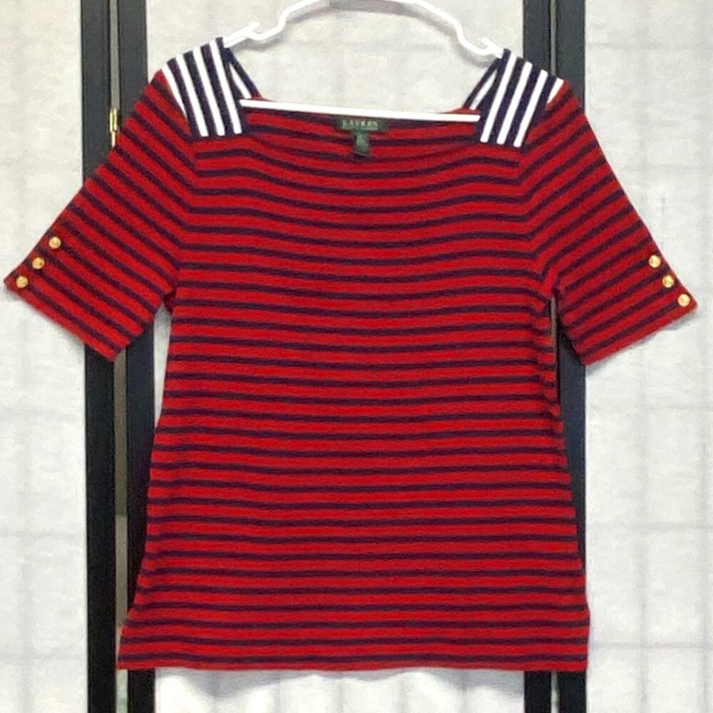 Lauren Ralph Lauren Red Blue Stripe Tee Button Short Sleeve Square Neck XL